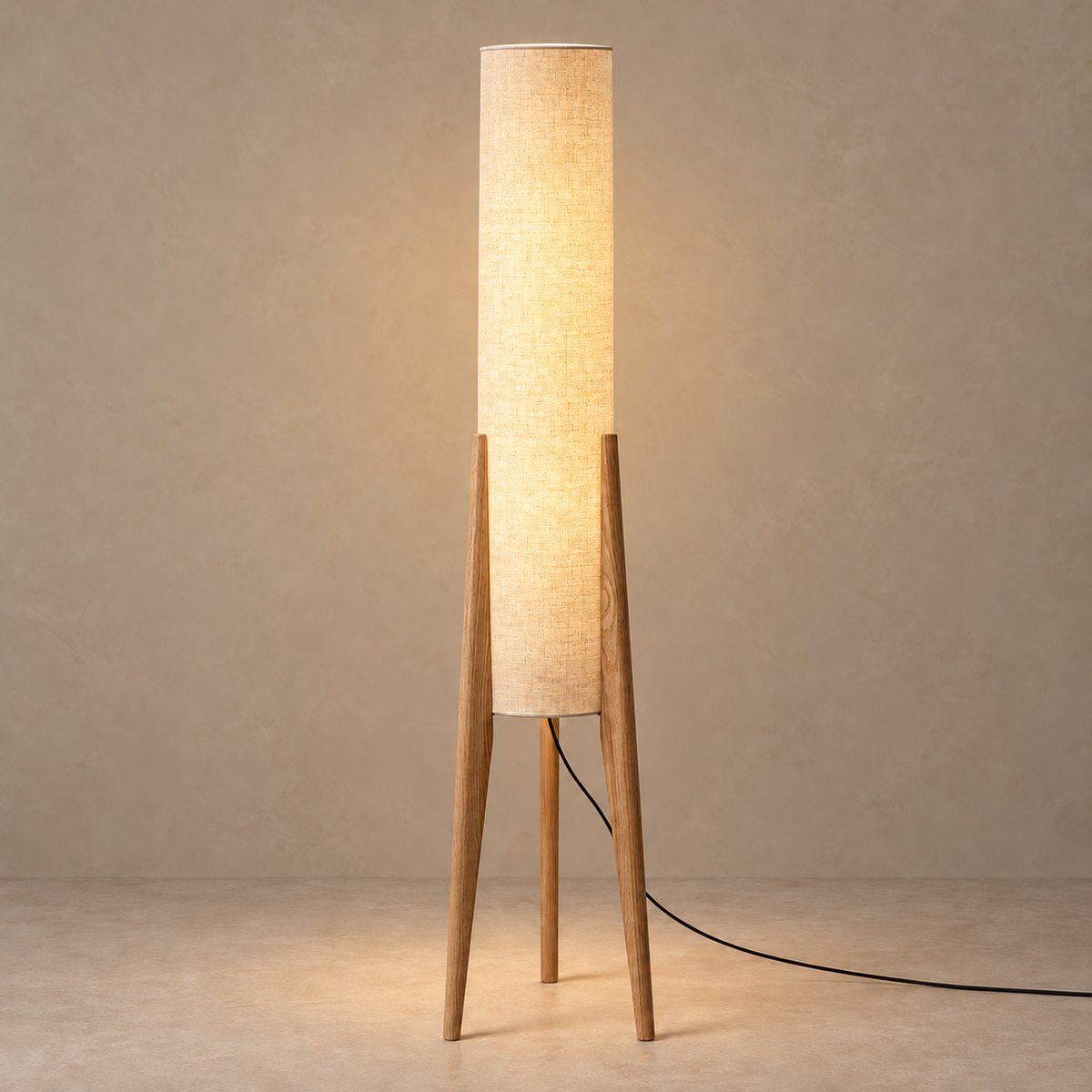 Piloni Log floor lamp illuminated through its tall linen shade.