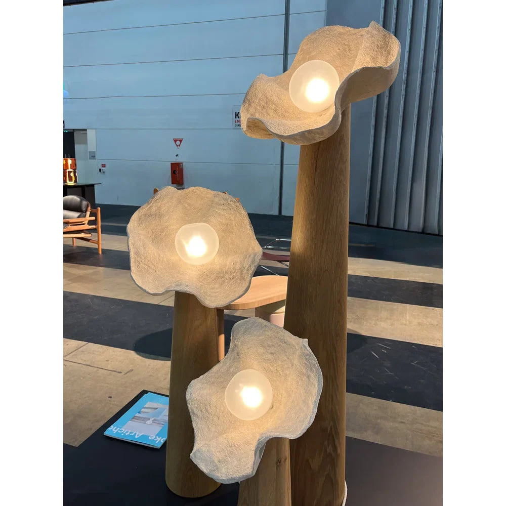 Living Room Sculptural Natural Wood & Plaster Flower Floor Lamp – Organic Modern Statement Lighting