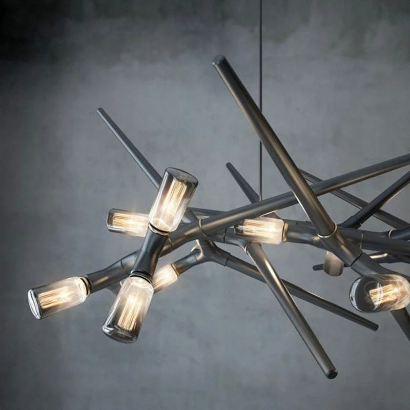 Industrial Modern Chandelier with Exposed Bulbs and Branching Metal Frame – Statement Pendant Light