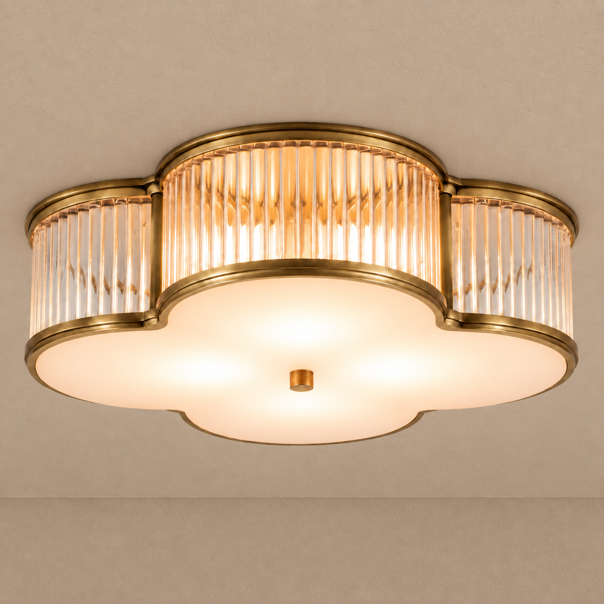 Fluted Glass Art Deco Flush Mount Antique Brass | no Visible Bulb Shallow Profile for a Bedroom Casalola Lights Luxury