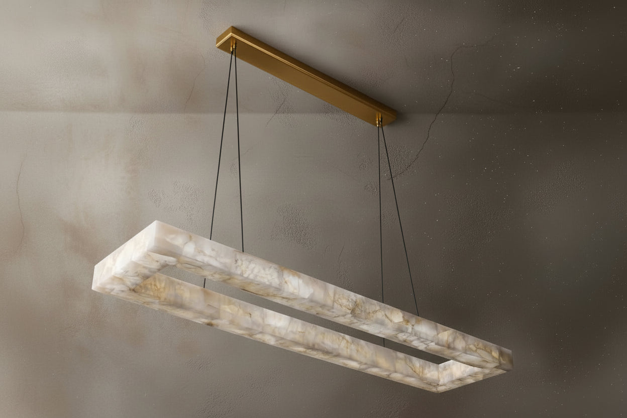 Alabaster linear chandelier over a kitchen island