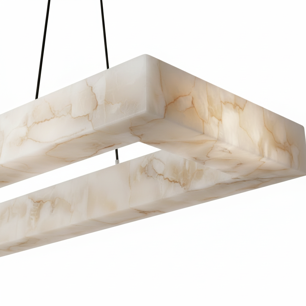 Alabaster linear chandelier over a bathroom vanity