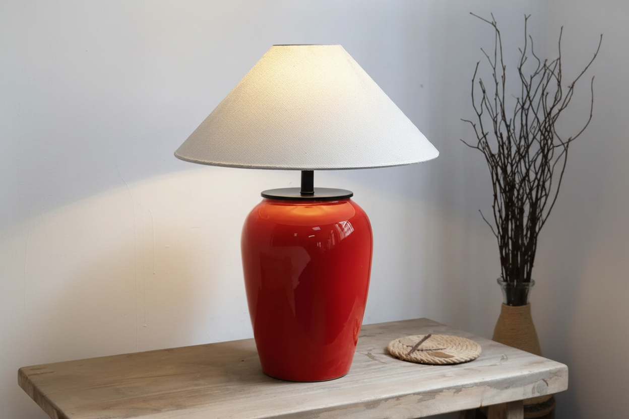 Red glazed-ceramic lamp casting a warm glow