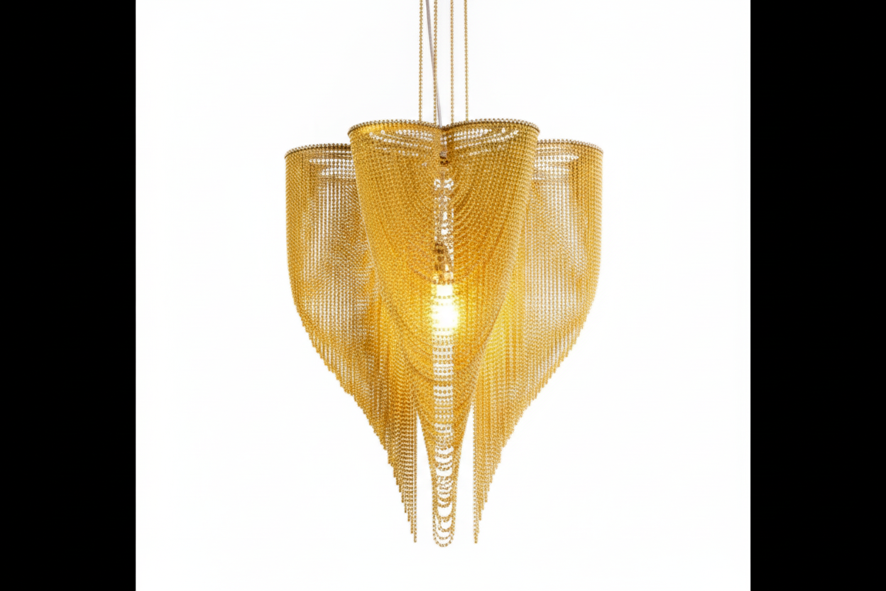 Red gold mesh chandelier full view