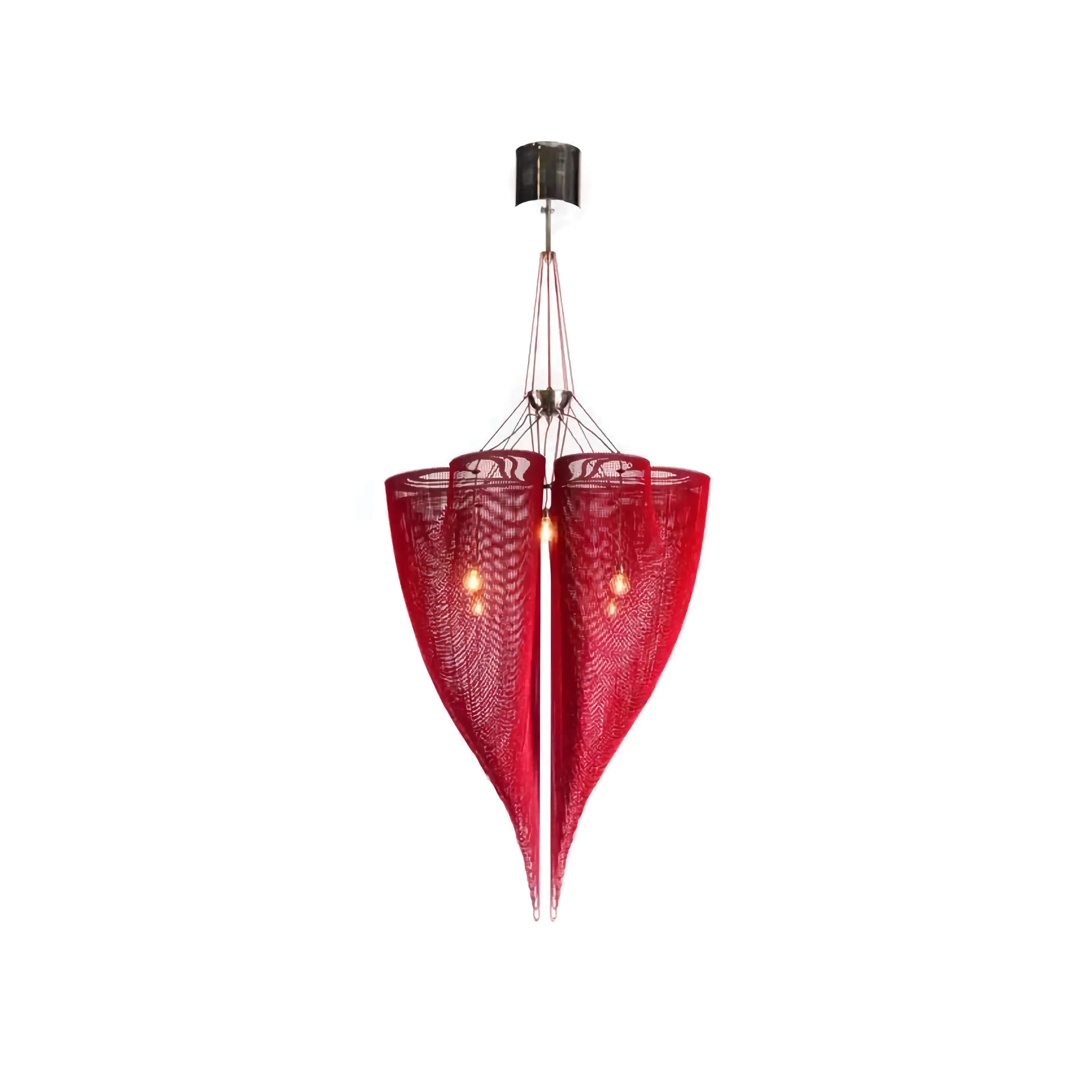 Sculptural mesh chandelier glowing warm