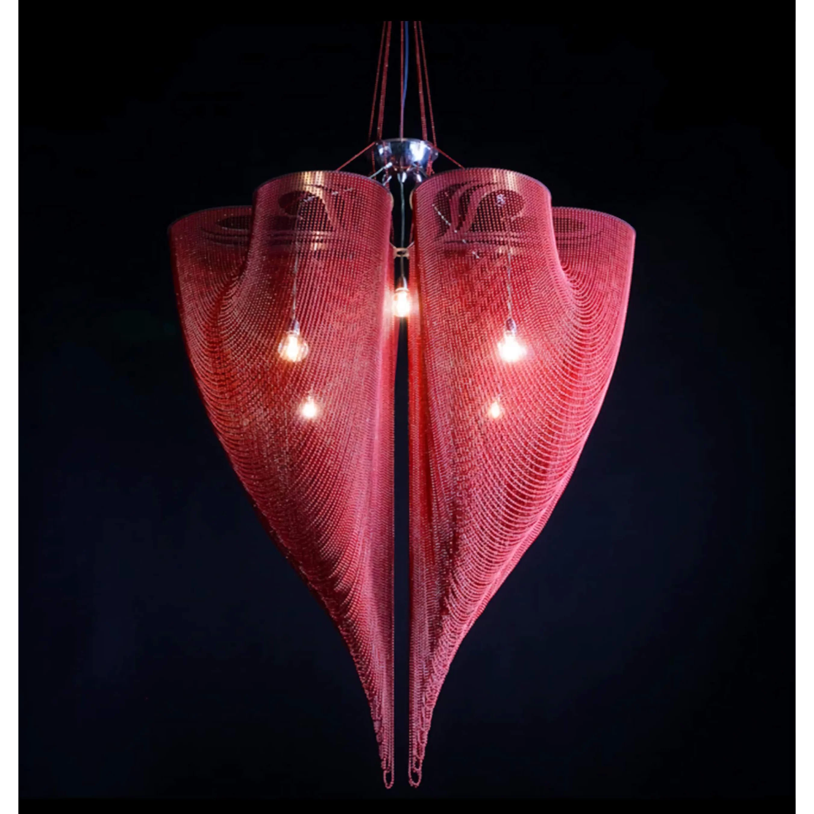 Folded mesh chandelier casting an atmospheric glow