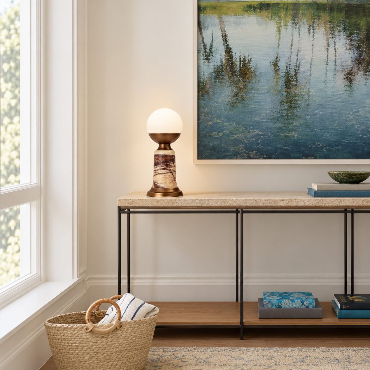 Red Marble Table Lamp on a stone-topped entry console.