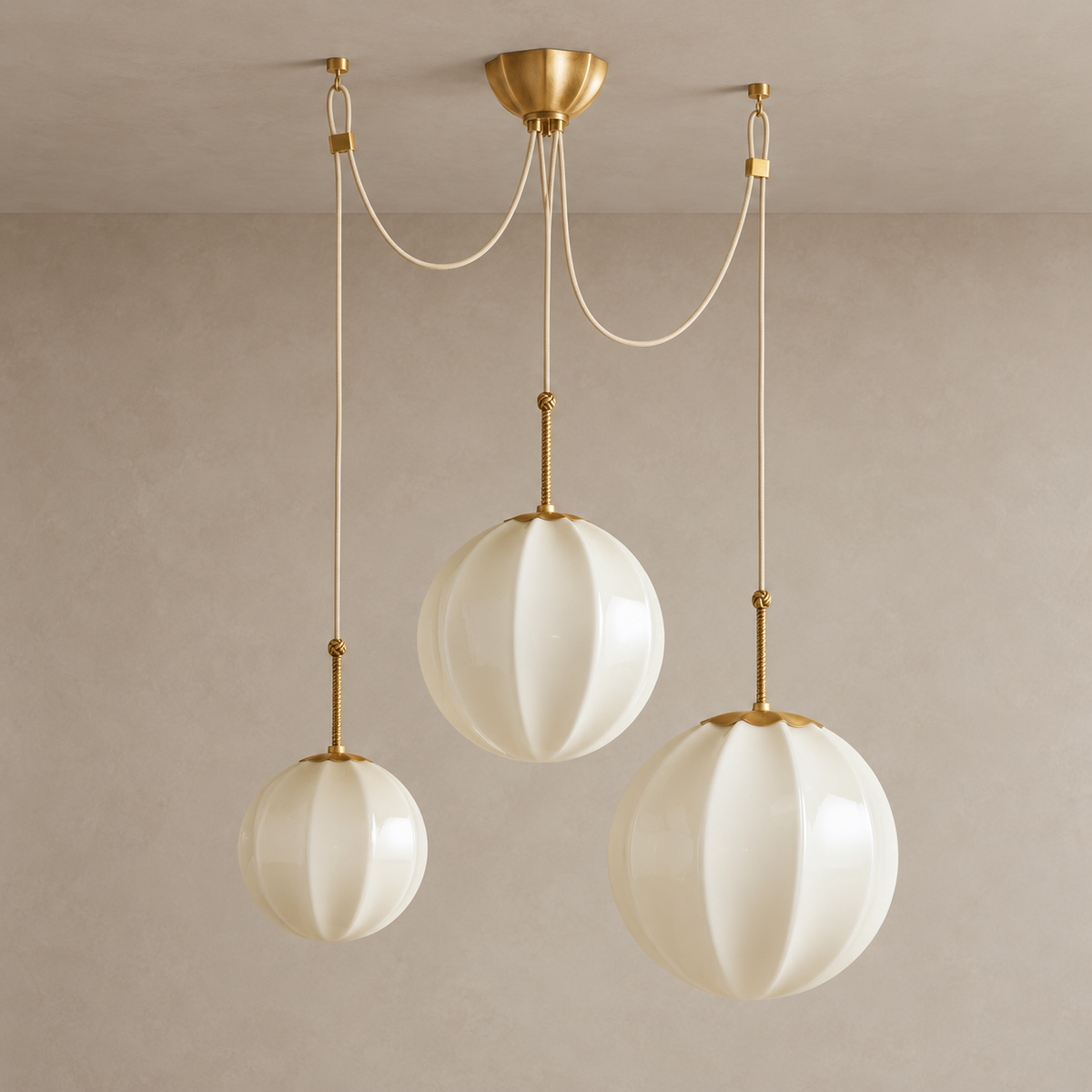 Ribbed Cream Glass Cluster Chandelier Brass | Three Globe Cascade with Adjustable Drops for a Stairwell Casalola Lights