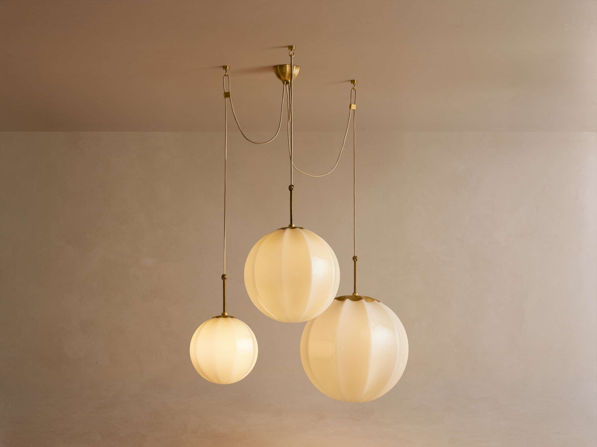 Ribbed Cream Glass Cluster Chandelier Brass | Three Globe Cascade with Adjustable Drops for a Stairwell Casalola Lights