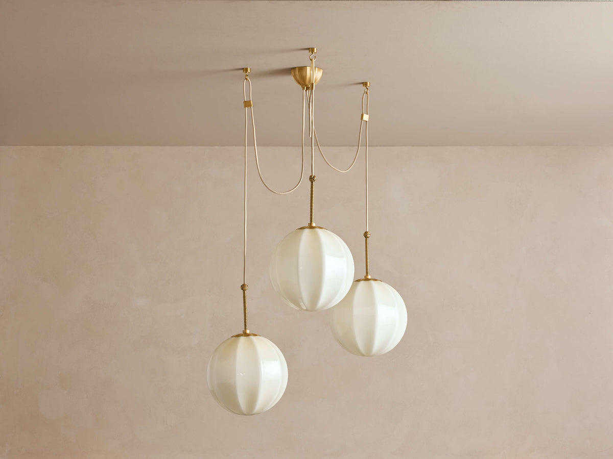 Ribbed Cream Glass Cluster Chandelier Brass | Three Globe Cascade with Adjustable Drops for a Stairwell Casalola Lights