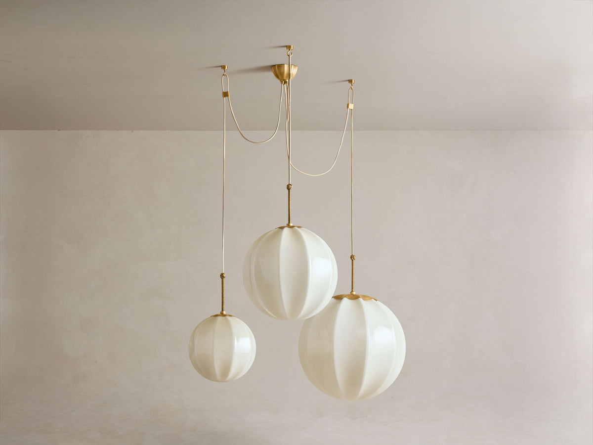Ribbed Cream Glass Cluster Chandelier Brass | Three Globe Cascade with Adjustable Drops for a Stairwell Casalola Lights