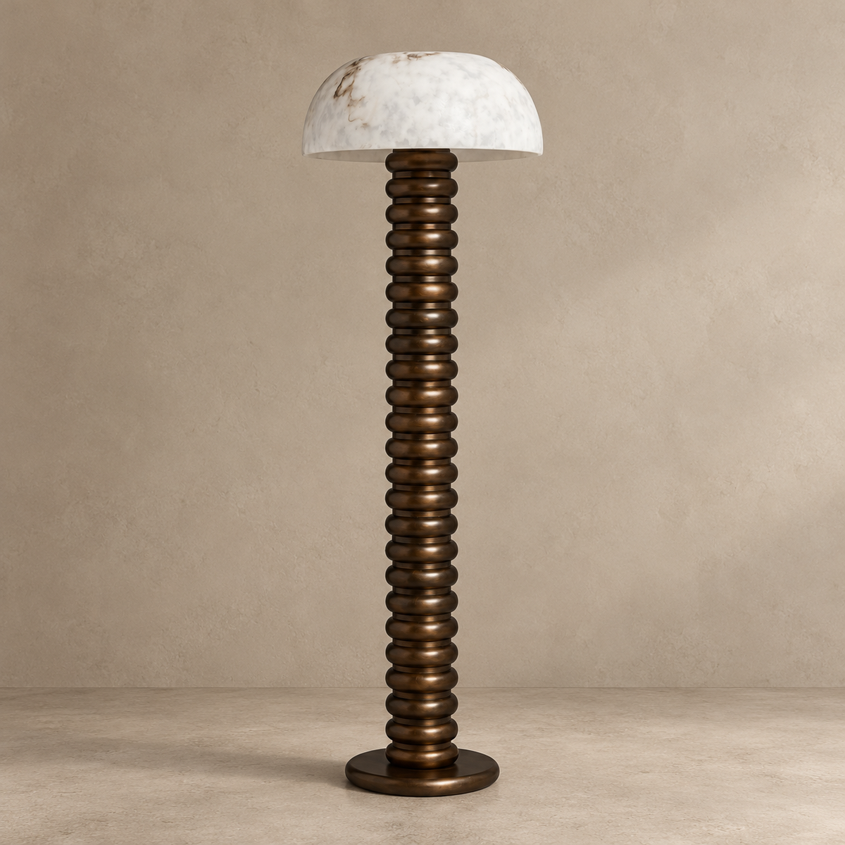 Roma floor lamp switched off, with a cloudy white alabaster dome and bronzed ribbed column.