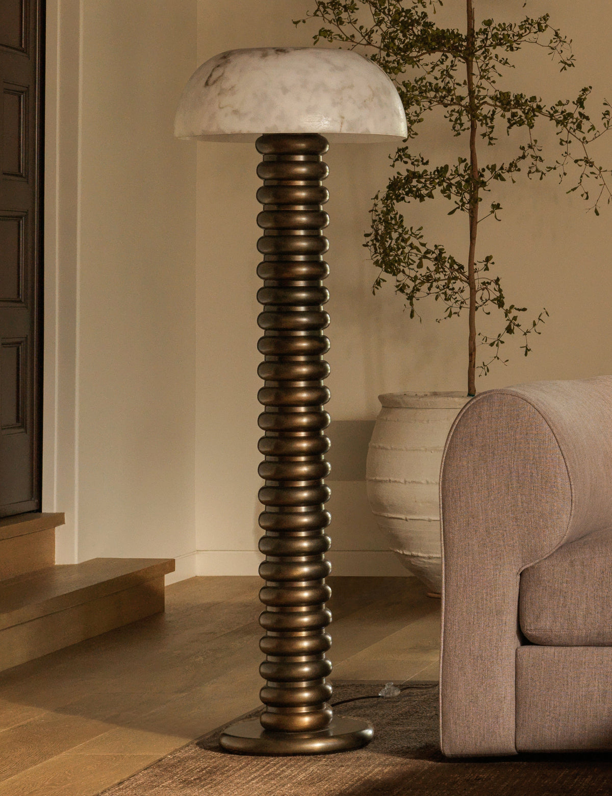 Genuine Alabaster Dome Floor Lamp Ribbed Steel Column | 2 Light 146cm Tall Dimmable Option 2700k Casalola Lights Luxury