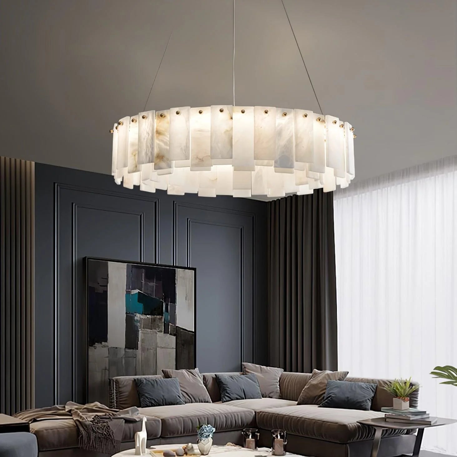 Tiered Alabaster Ring Chandelier | Modern Round Suspended Pendant Light