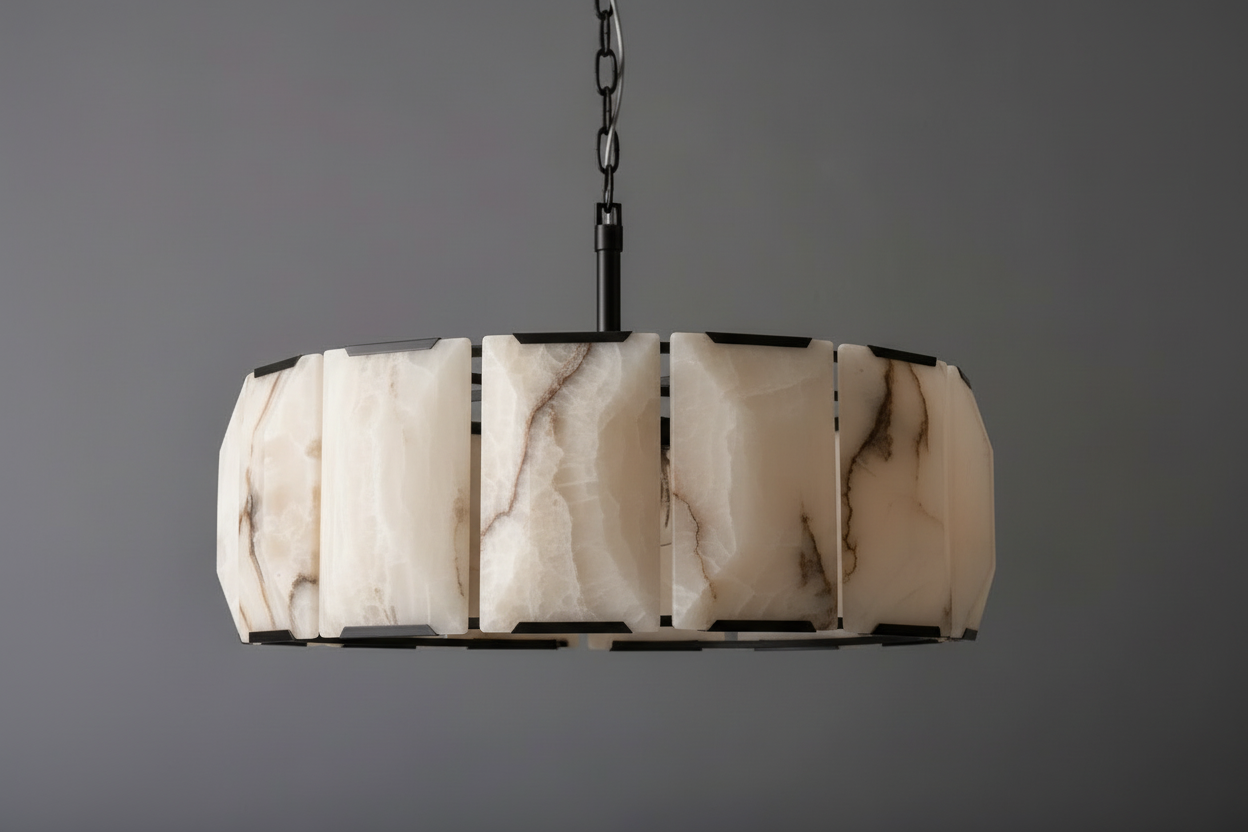 Alabaster Drum Chandelier – Round Copper Natural Stone Pendant Light Casalolalights Luxury Lamps for Interior Designers