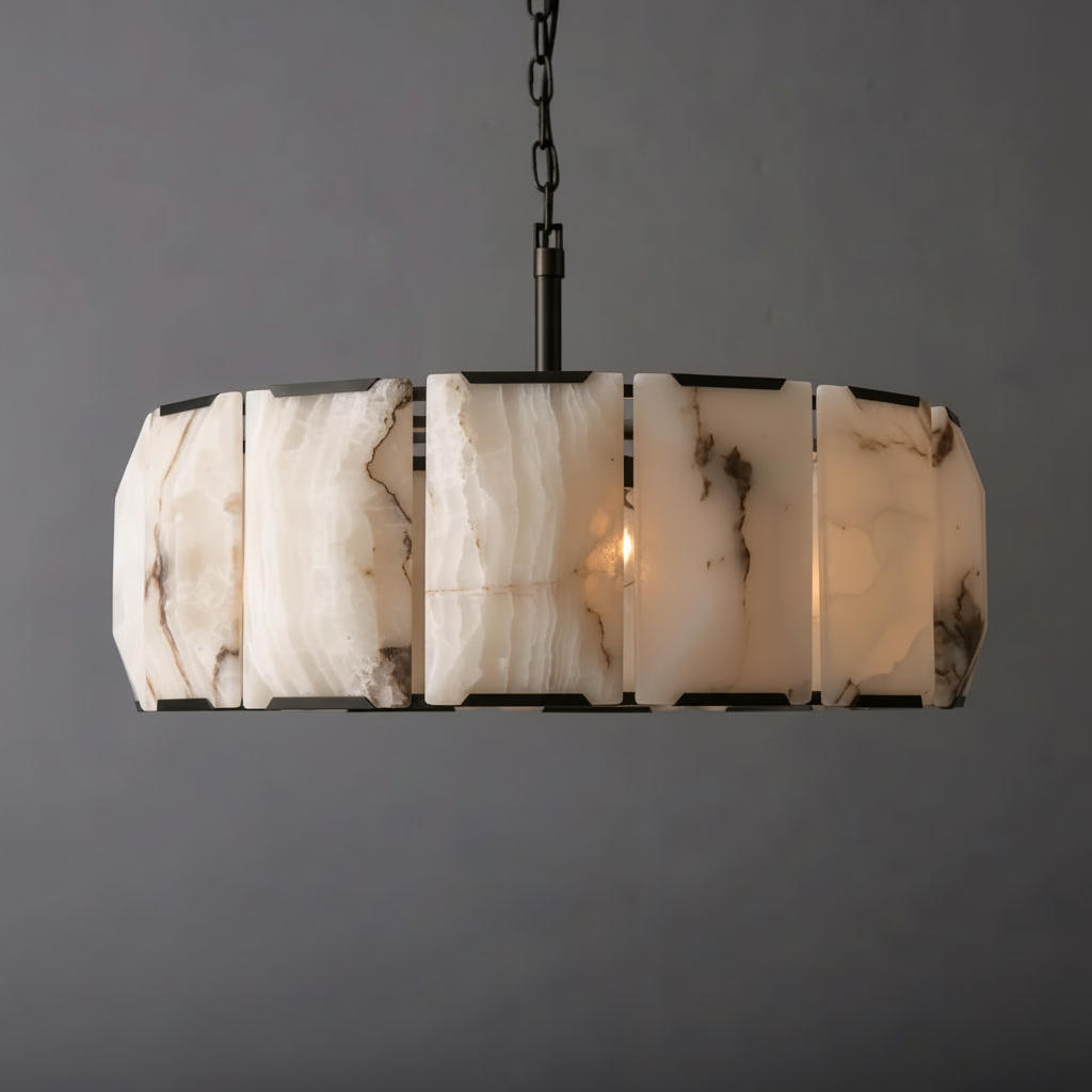 Alabaster Drum Chandelier – Round Copper Natural Stone Pendant Light Casalolalights Luxury Lamps for Interior Designers