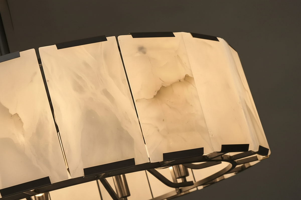 Genuine Alabaster Drum Chandelier Black Steel | Strong Veining Four Sizes Chain for a High Ceiling Casalola Lights