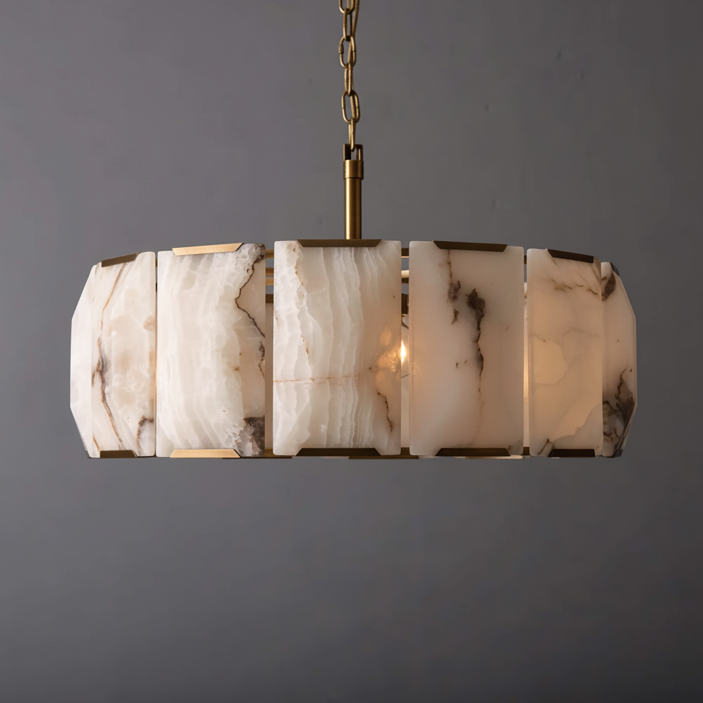 Alabaster Drum Chandelier – Round Copper Natural Stone Pendant Light Casalolalights Luxury Lamps for Interior Designers