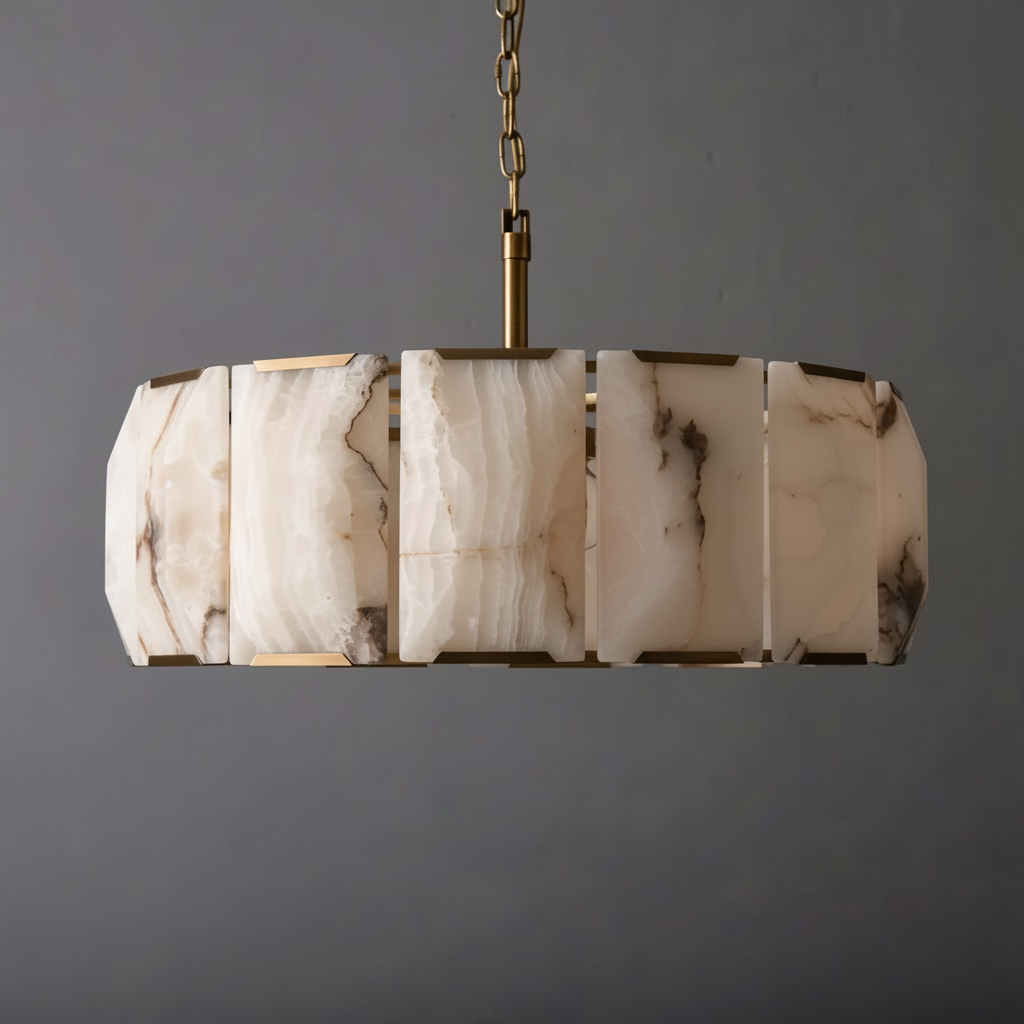 Alabaster Drum Chandelier – Round Copper Natural Stone Pendant Light Casalolalights Luxury Lamps for Interior Designers
