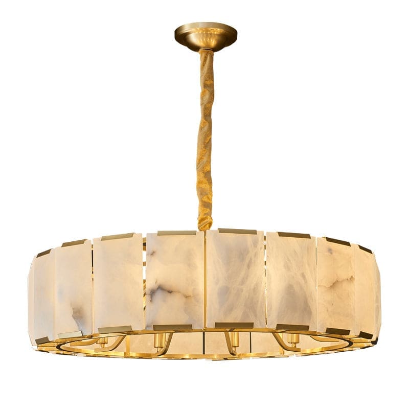Round Alabaster Halo Chandelier | Brass Modern Entryway Light - Chandeliers