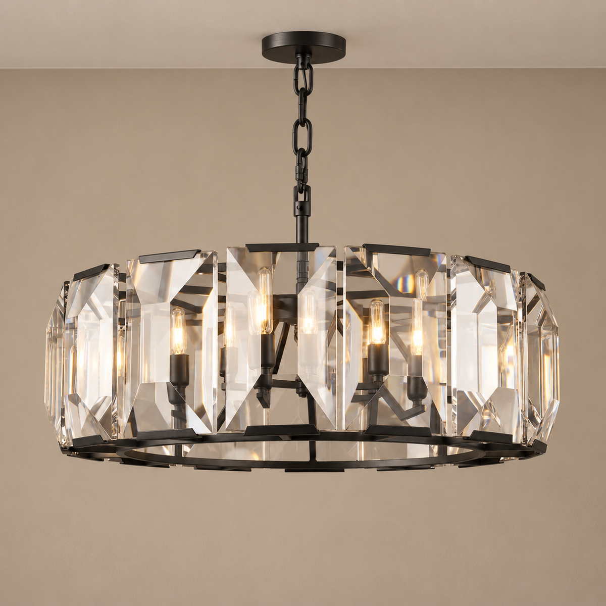 Crystal Halo Drum Chandelier Gold or Black | Shallow for a Bedroom Entry Custom Chain Drop Casalola Lights Luxury Lamps