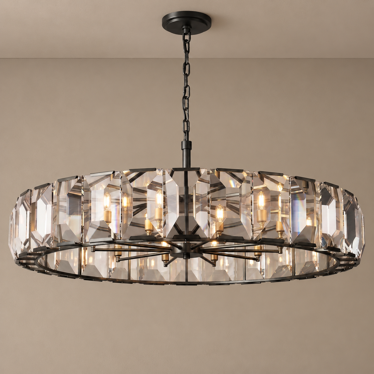 Crystal Halo Drum Chandelier Gold or Black | Shallow for a Bedroom Entry Custom Chain Drop Casalola Lights Luxury Lamps