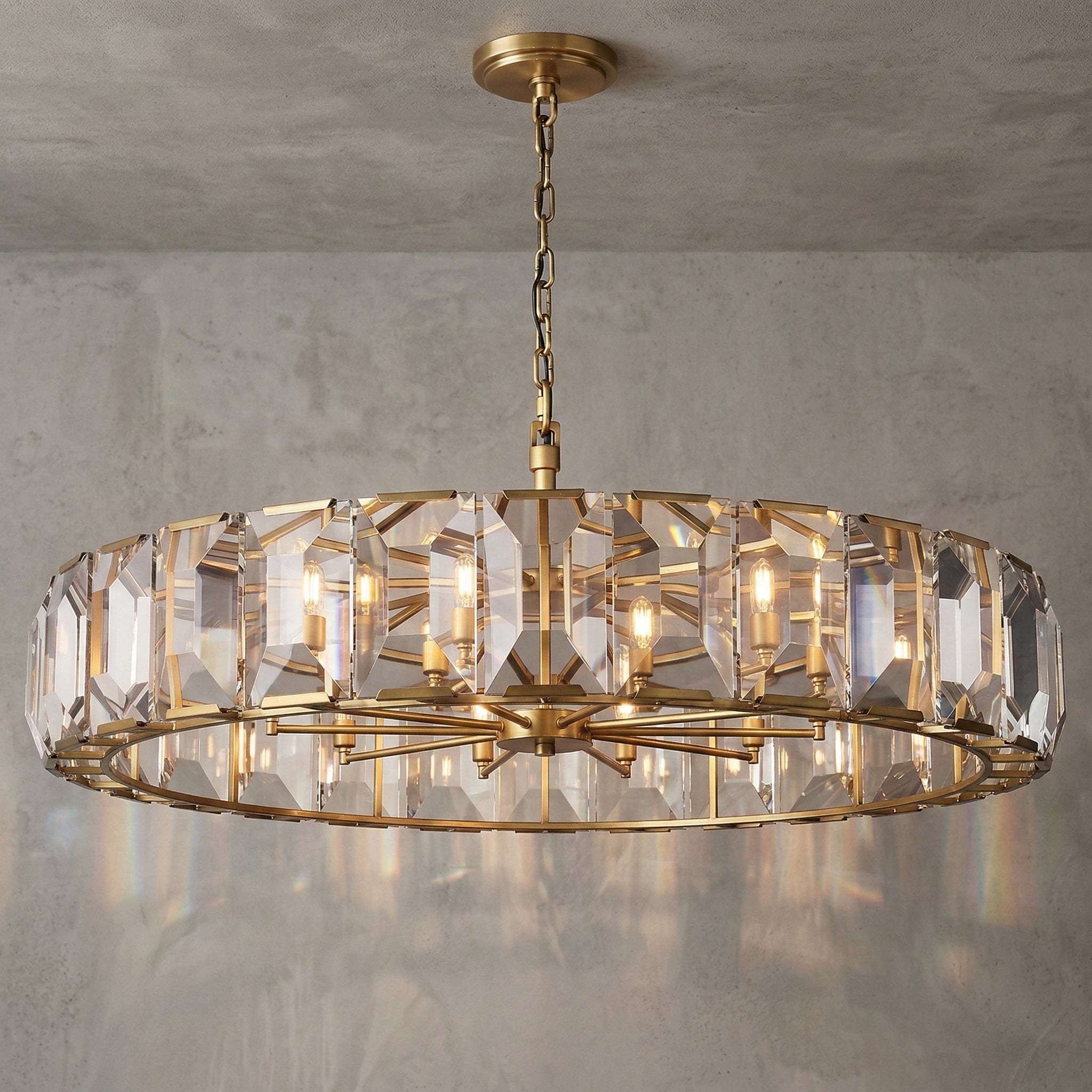 Solid Brass and Crystal Drum Chandelier | Mid-century Modern Luxury | 36-inch Diameter | Casalola Lights Casalolalights