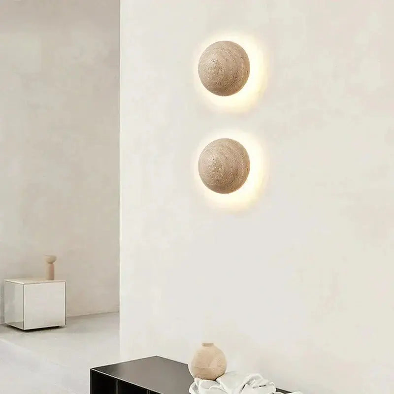 Decorative Wall Sconces with Pull Chain - Japandi Lamps - Round - Natural Marble