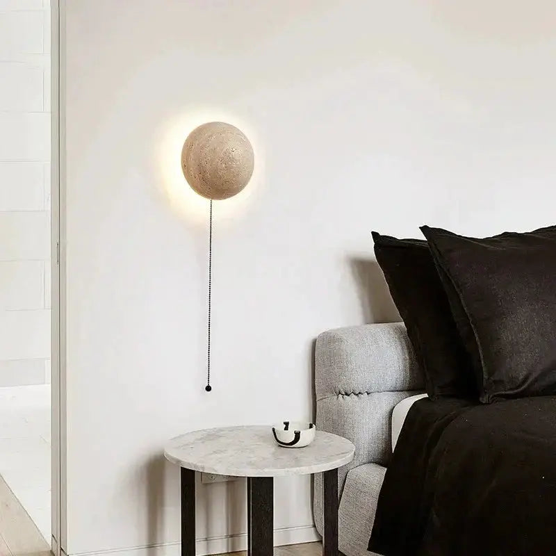 Decorative Wall Sconces with Pull Chain - Japandi Lamps - Round - Natural Marble