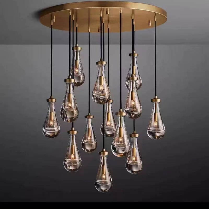 ROUND RAINDROP GLASS CHANDELIER | CLHKA51CL - Brass - Chandeliers