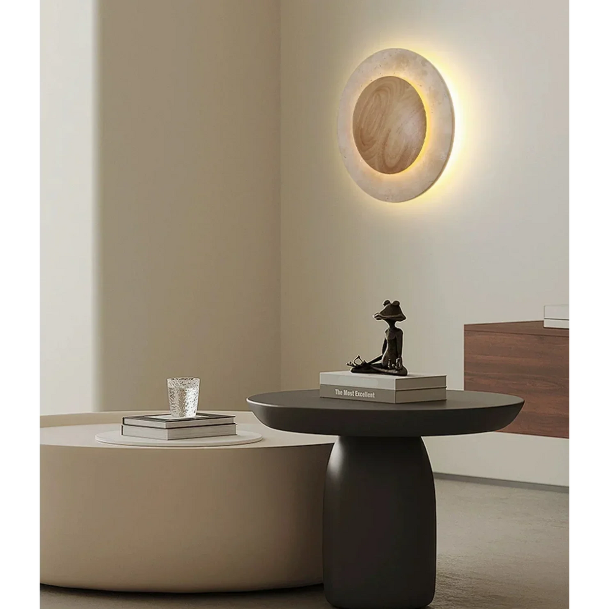 Genuine Travertine Disc Wall Sconce Wood Back | Low Profile Hallway Light 25cm Round 2700k Led Casalola Lights Luxury