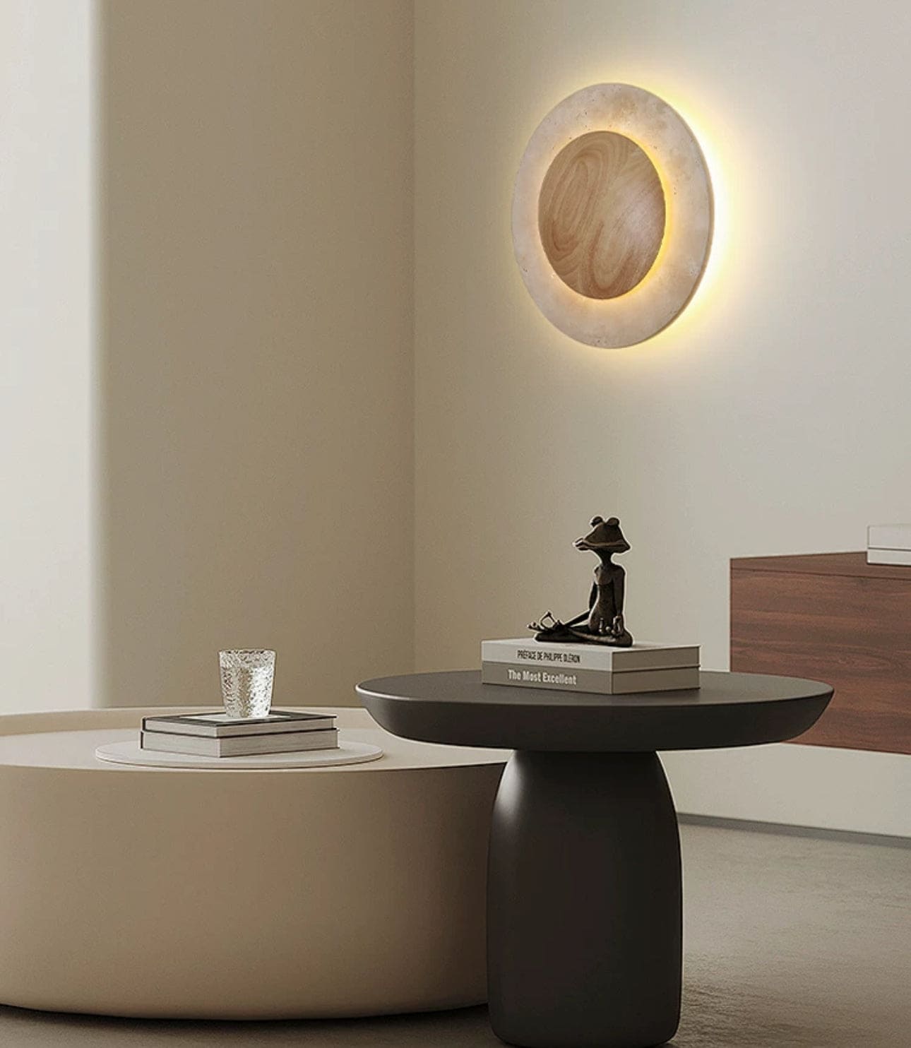 Minimalist Round Travertine and Wood Wall Lamp 25cm Diameter Warm Led Lighting - Sconces
