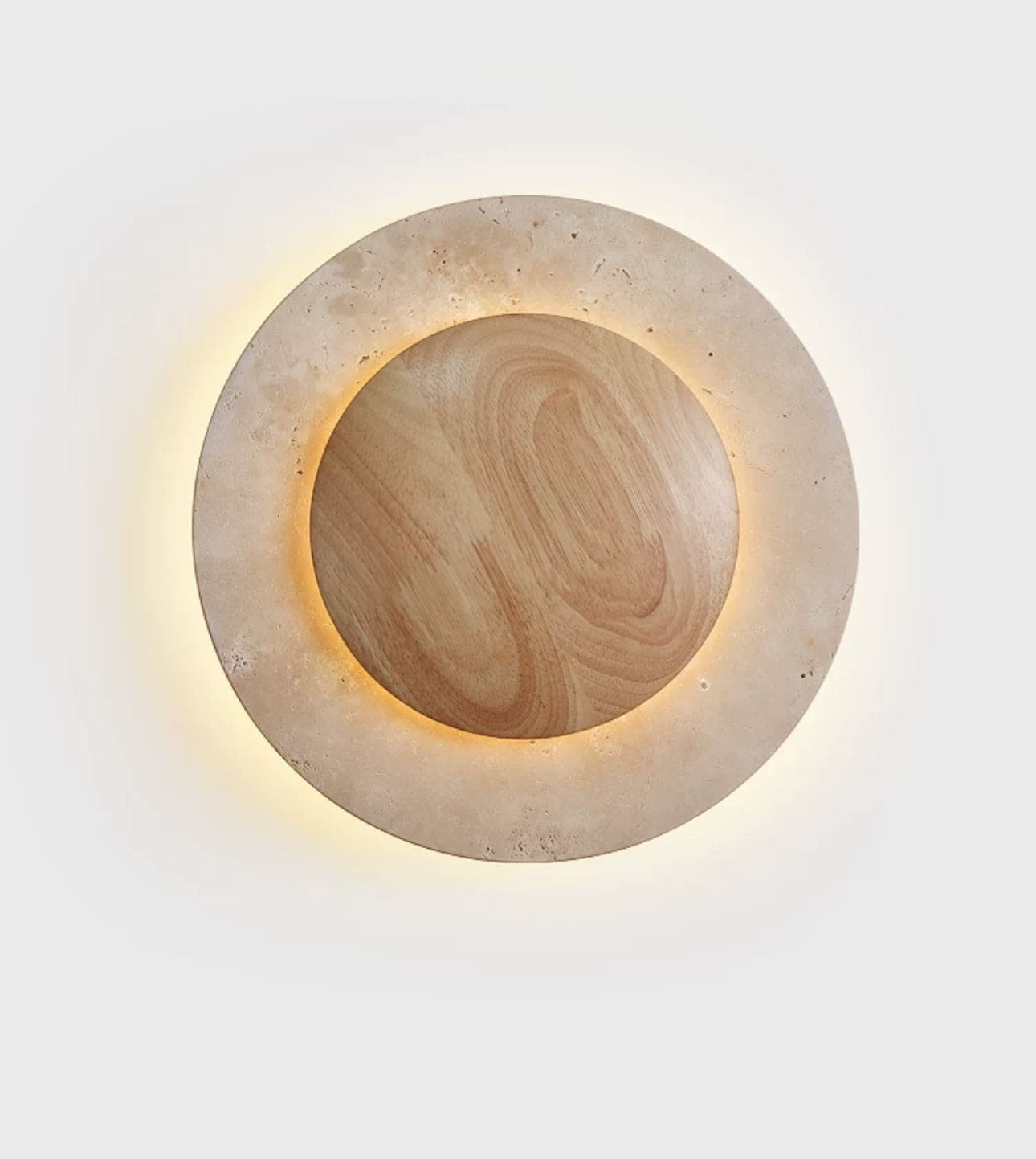 Minimalist Round Travertine and Wood Wall Lamp 25cm Diameter Warm Led Lighting - Sconces
