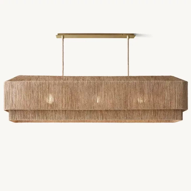 Linear Rattan Chandelier | Japandi & Wabi-sabi Dining Light | Hand-woven Natural or Black | Solid Brass Canopy