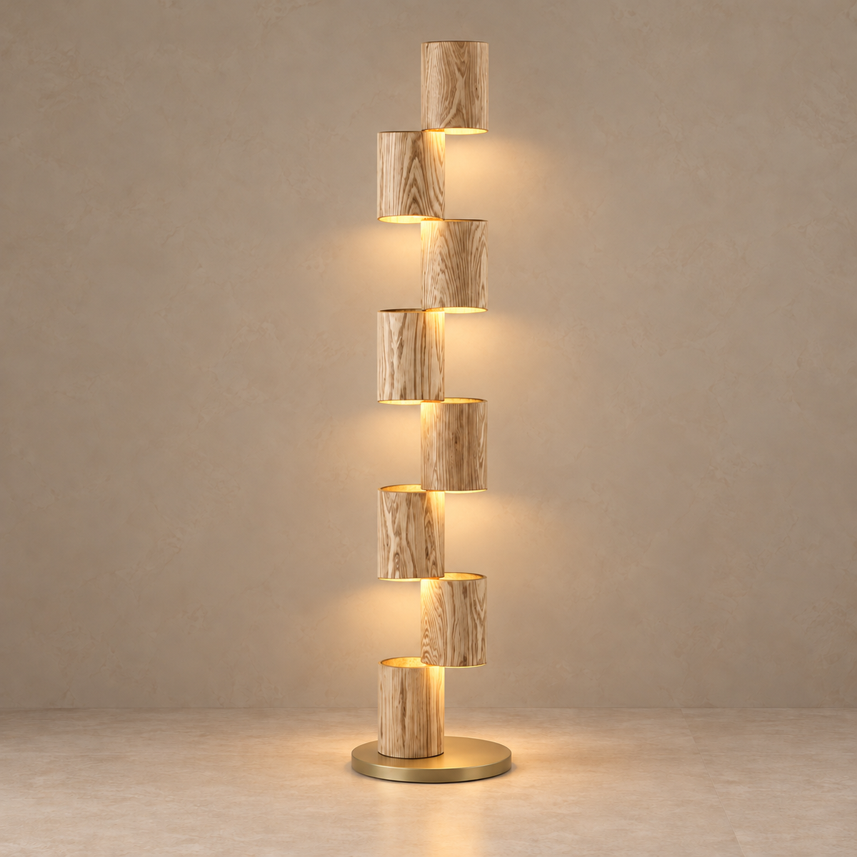 Scala CLFDX025 natural ash floor lamp illuminated, showing its eight alternating wooden shades.
