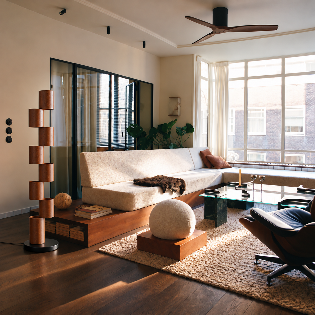 Scala CLFDX025 eight-step walnut floor lamp beside a cream sofa in a contemporary living room.