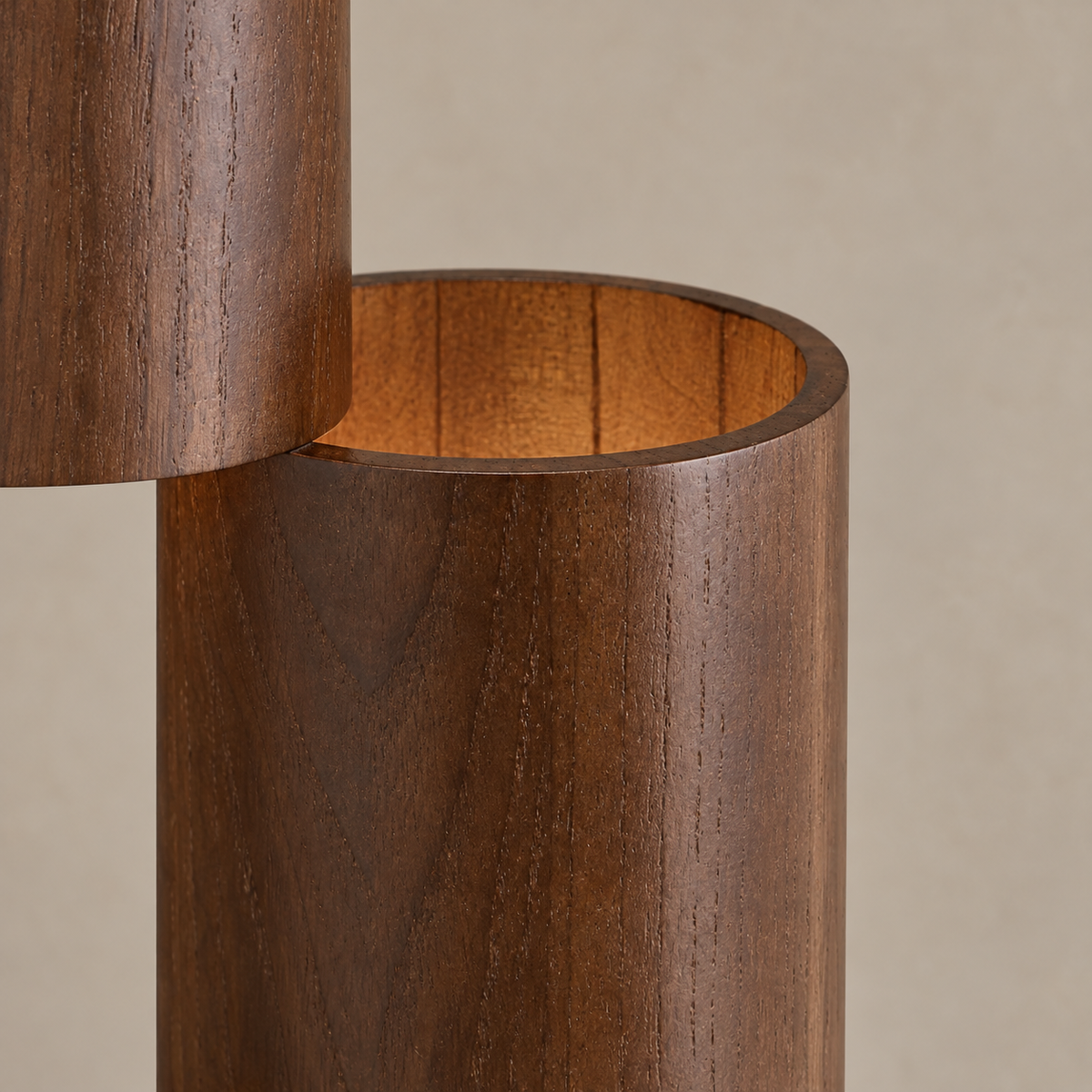 Close view of walnut grain and the open cylindrical shade rim on Scala CLFDX025.