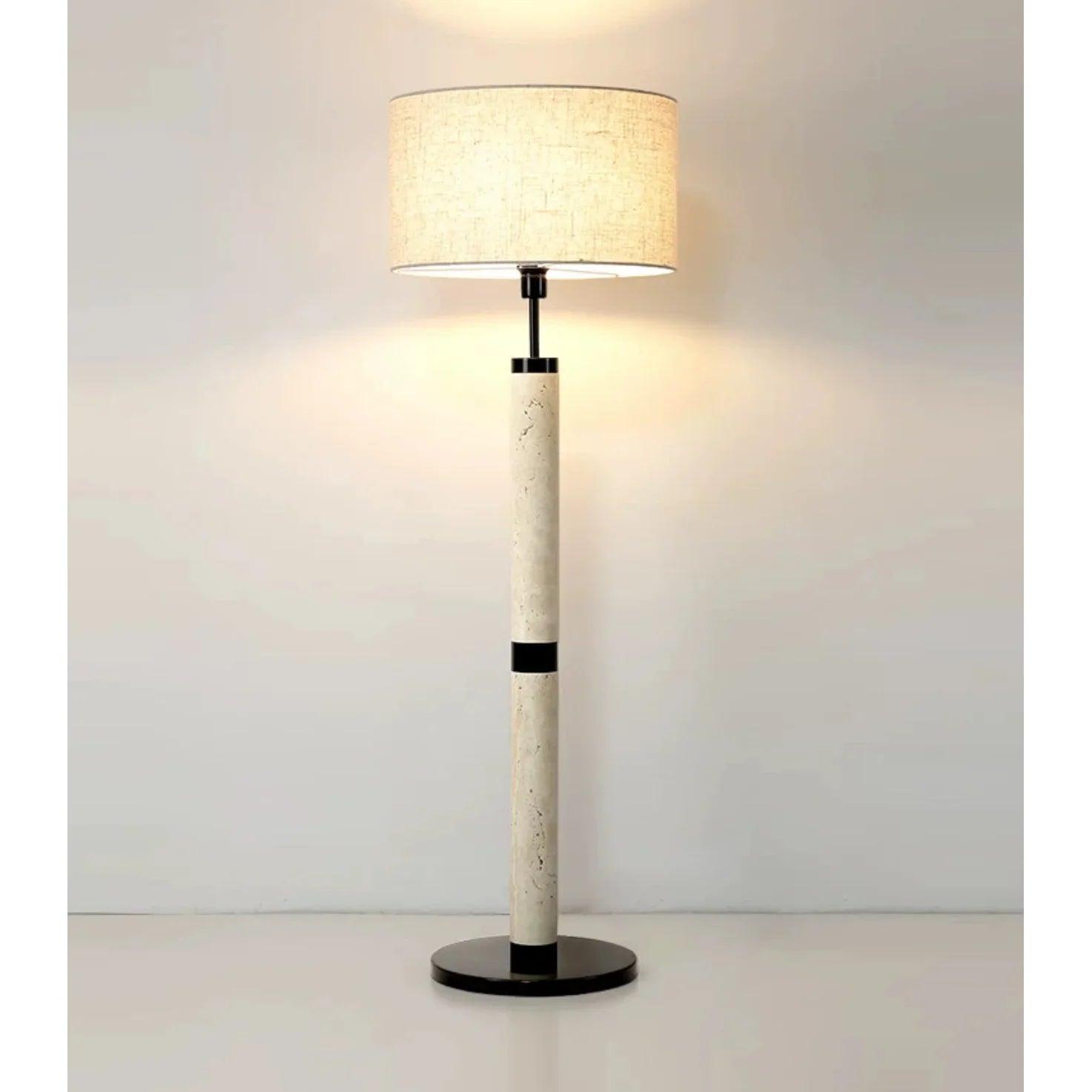 Travertine Column Floor Lamp | Minimalist Linen Shade Light
