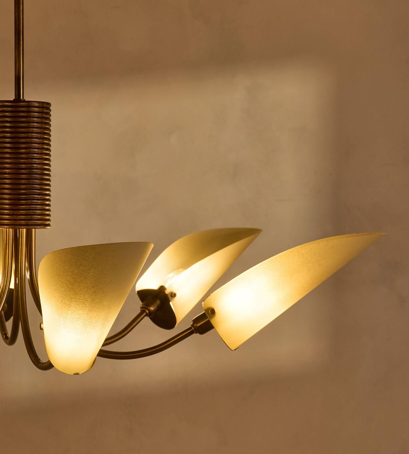 Mid-century Chandelier - Brass & Cream Fabric Shades | Modern Dining Room Lighting Casalolalights Luxury Lamps