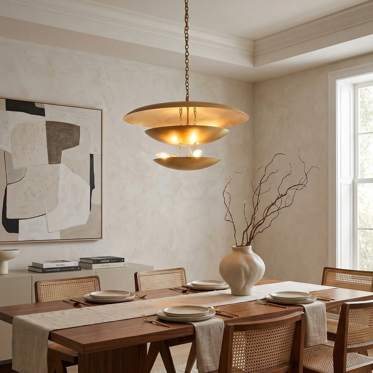 Brass Tiered Pendant Light for Dining Room or Foyer | Three Hand Spun Solid Shades 31 in Wide Casalola Lights Luxury