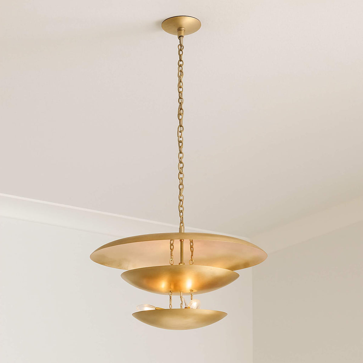 Brass Tiered Pendant Light for Dining Room or Foyer | Three Hand Spun Solid Shades 31 in Wide Casalola Lights Luxury