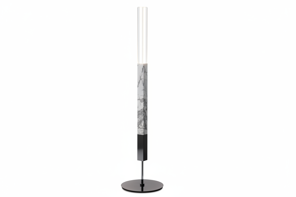 Carrara-style marble shaft with fluted metal and a diffused LED top