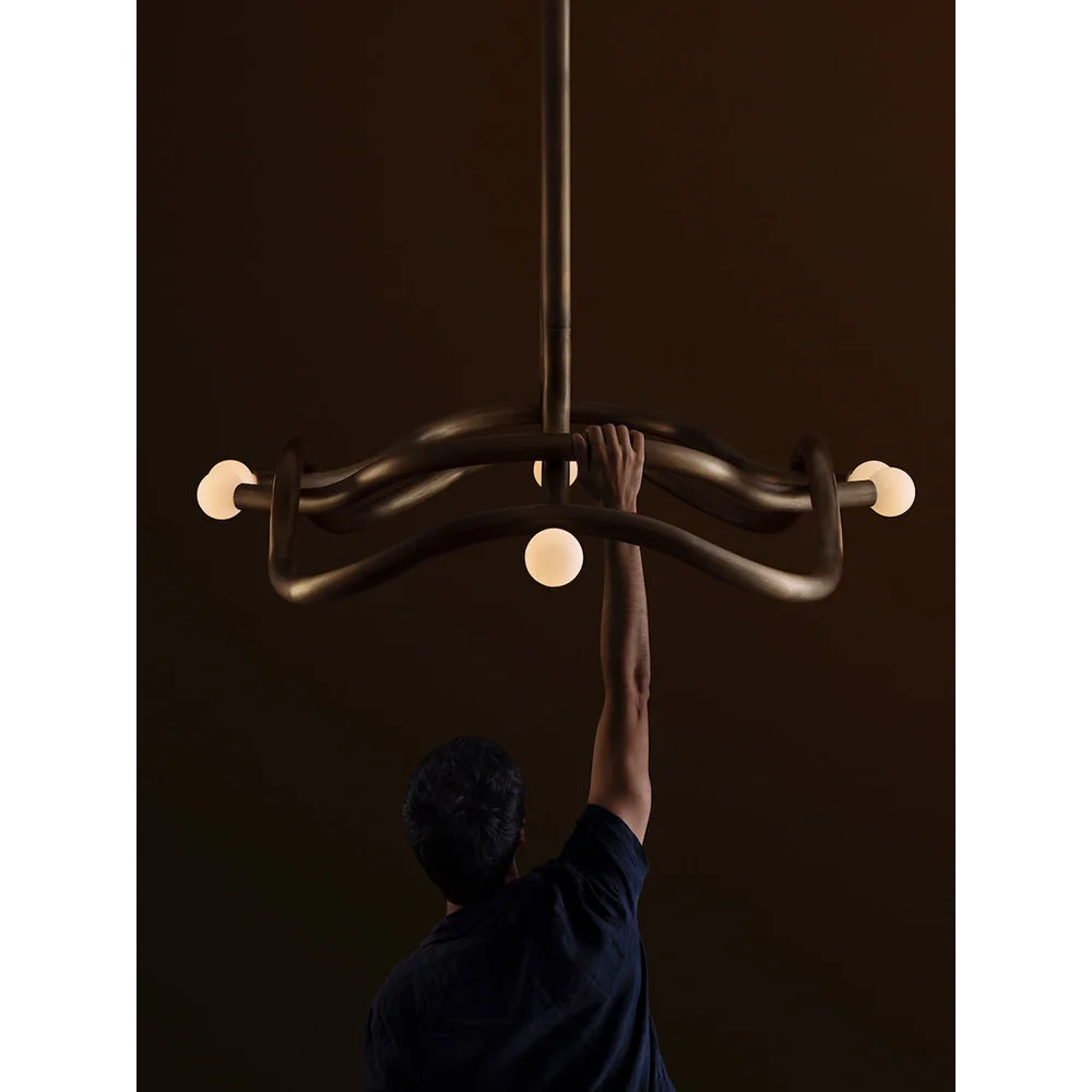 Sculptural Mid Century Chandelier – Bronze & Opal Glass Lighting