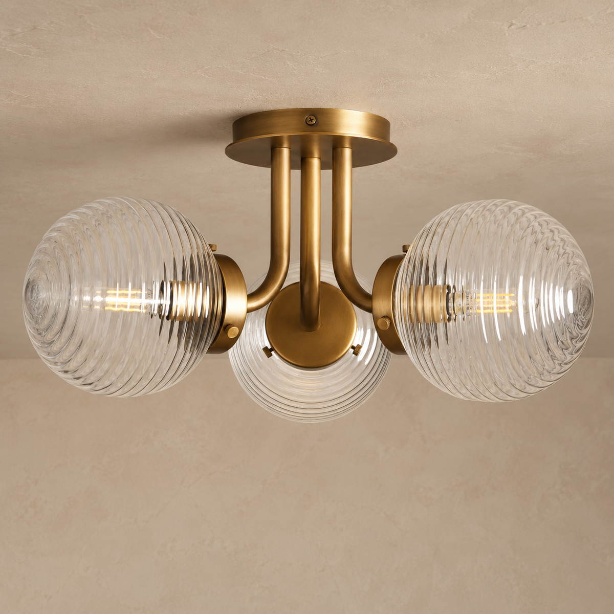 Triple Globe Flush Mount for Bedroom and Hallway | Ribbed Glass Brass Mid-century Casalola Lights Luxury Lamps Interior