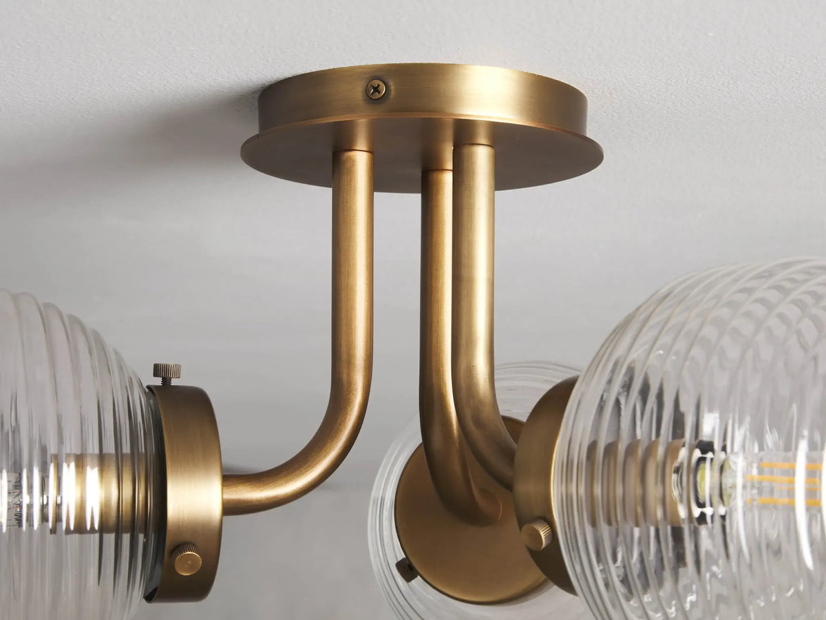 Triple Globe Flush Mount for Bedroom and Hallway | Ribbed Glass Brass Mid-century Casalola Lights Luxury Lamps Interior