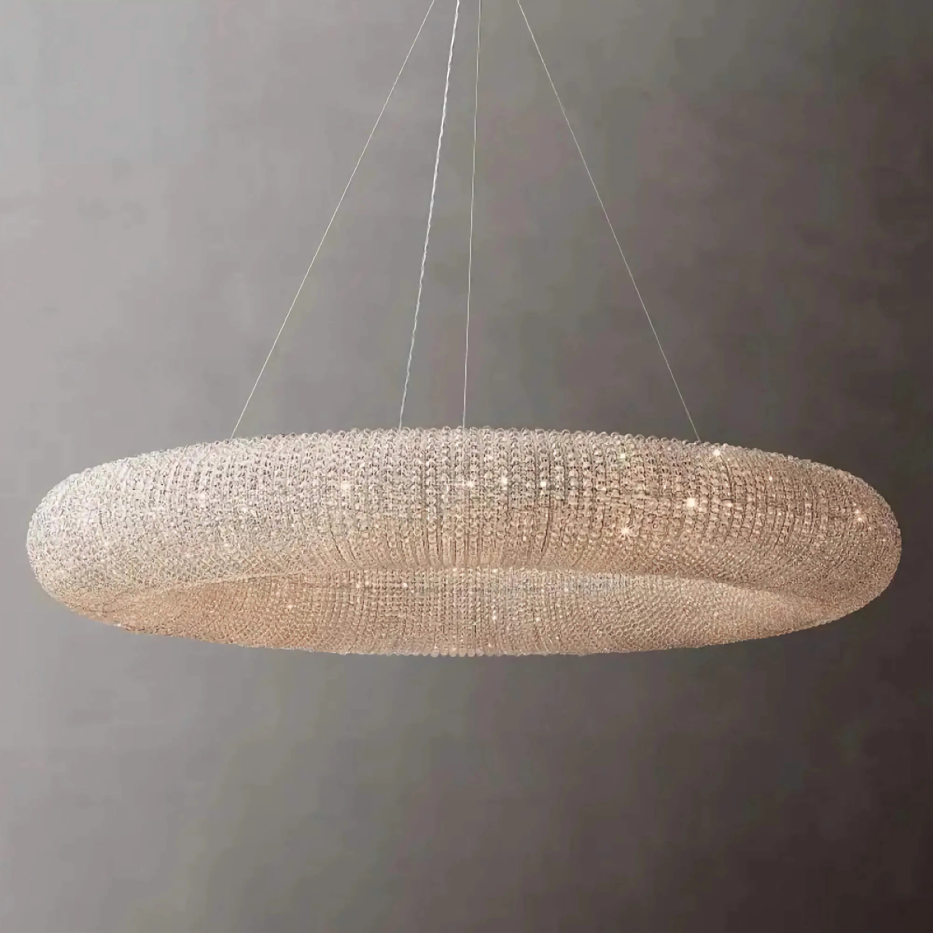 Silver Crystal Ring Chandelier | Suspended Oval Statement Light | Grand Fixture for Lobby Dining Room or Staircase