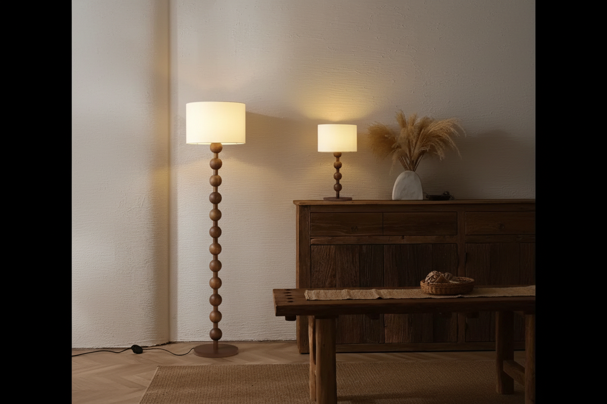 Wood & Linen Floor or Table Lamp | Touch Switch 160cm 70cm Walnut Log Dimmable Option Casalola Lights Luxury Lamps