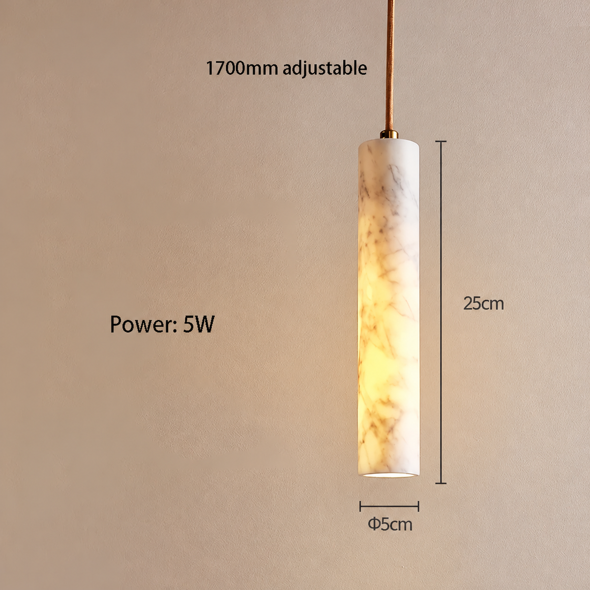 Slim Stone pendant dimensions: 25 cm high, 5 cm diameter, with a 170 cm adjustable cable.