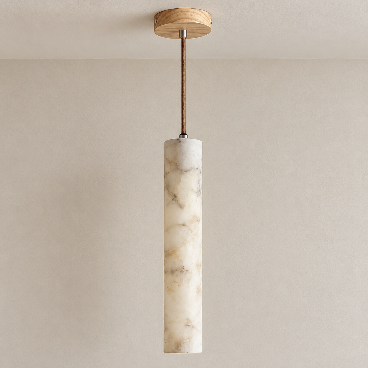 Slim Stone 35 cm alabaster pendant with natural cloudy mineral veining.