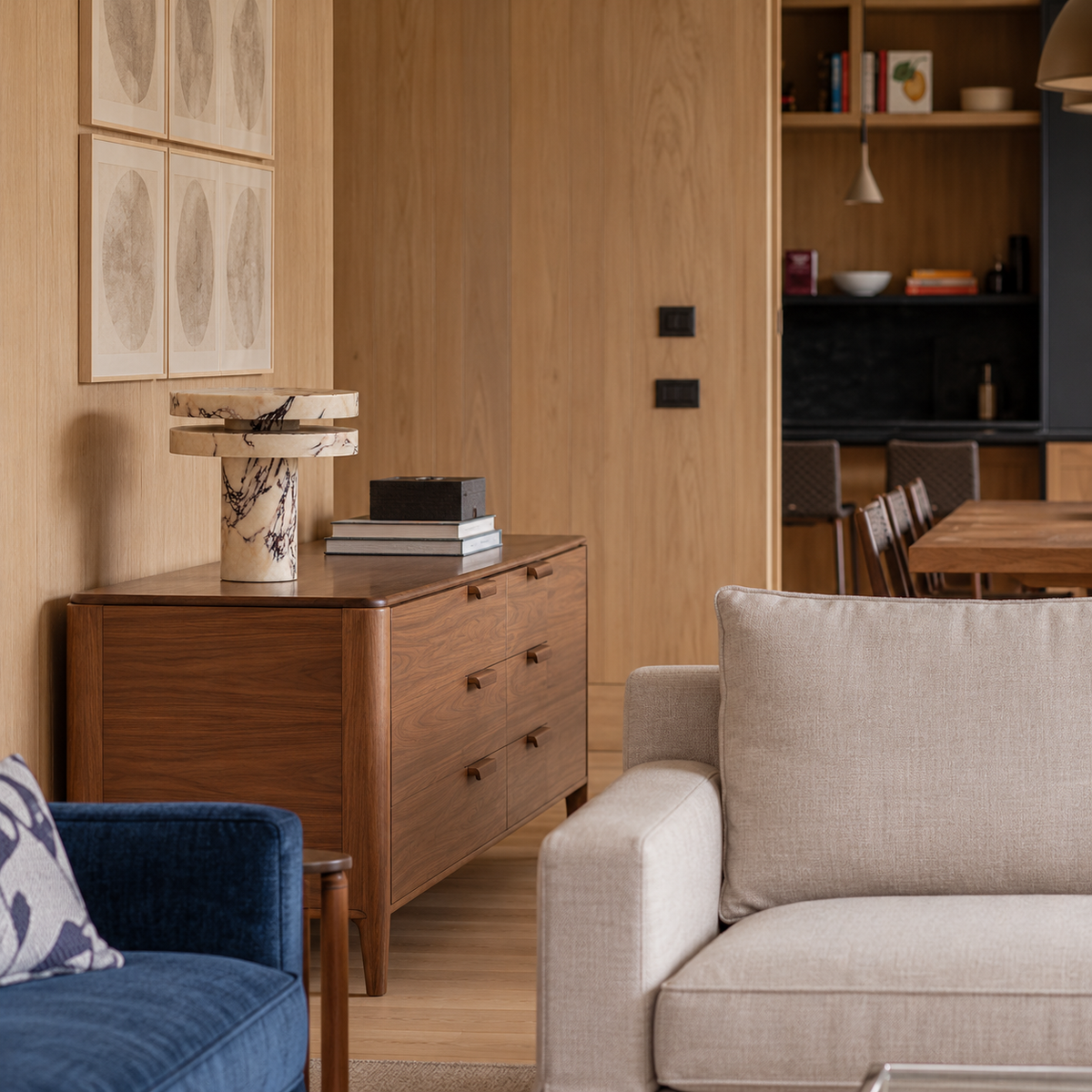 Marble Table Lamp on a walnut chest in a living room.